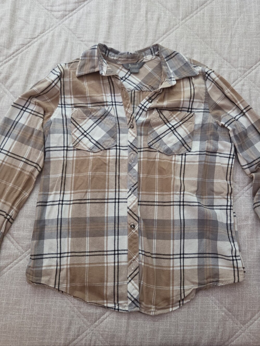 Natural Reflections Plaid Button-Down Shirt in Beige, Brown, Cream Size Medium